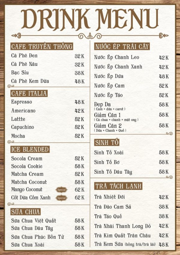 Sam Rooftop Coffee Menu