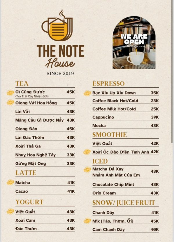 The Note Coffee Menu