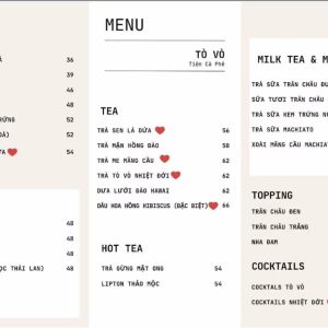 Menu đồ uống tại Tiệm Cà Phê Tò Vò