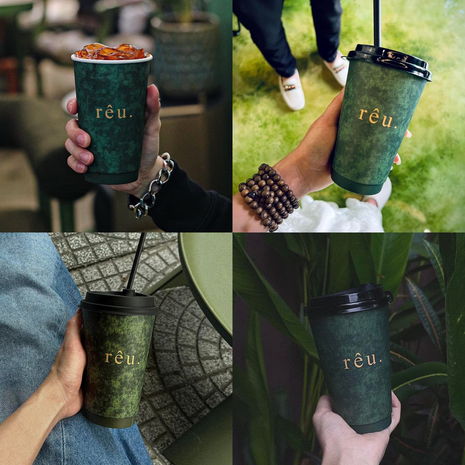 Packaging xanh rêu đặc trưng của quán