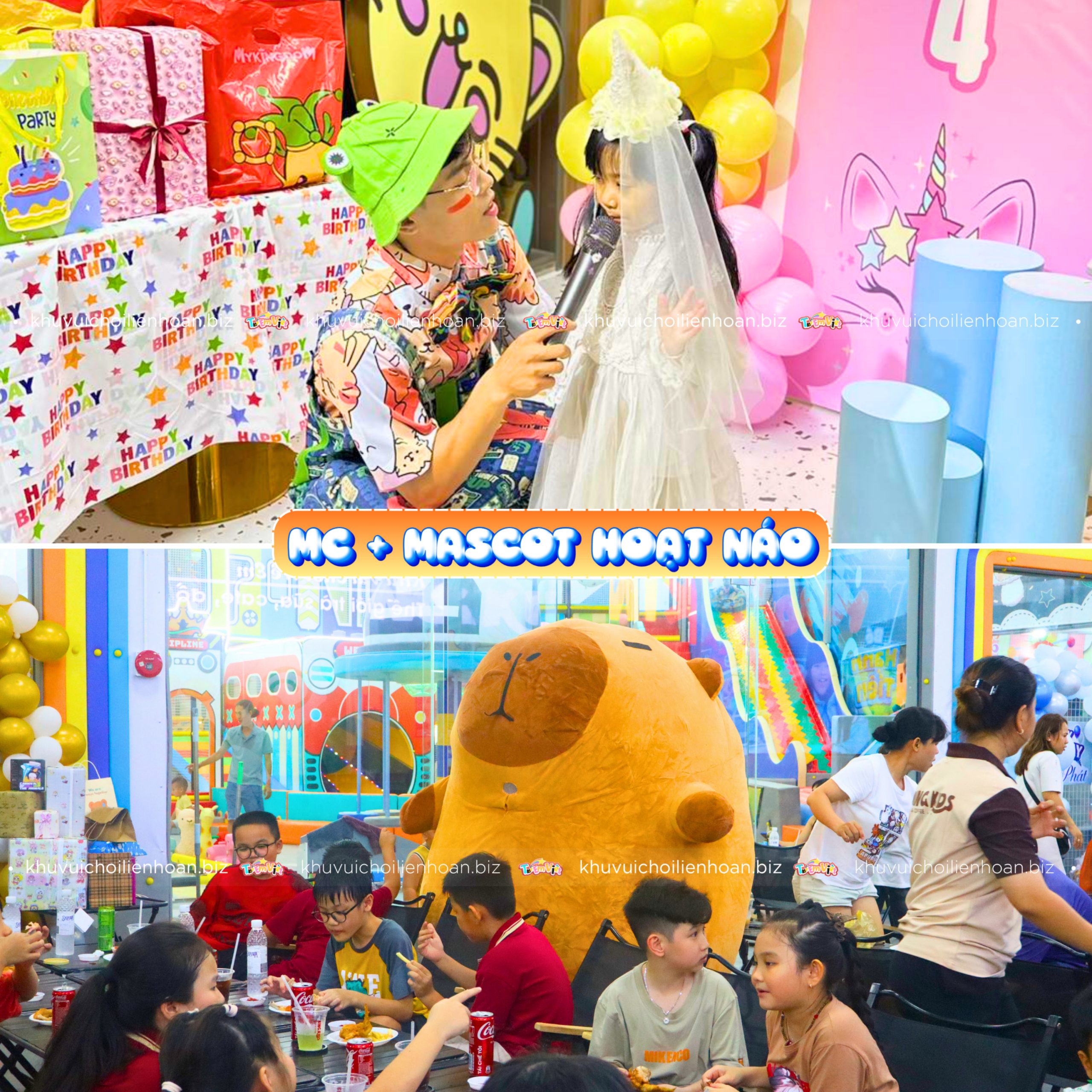 MC và mascot ở buổi tiệc sinh nhật tại khu vui chơi