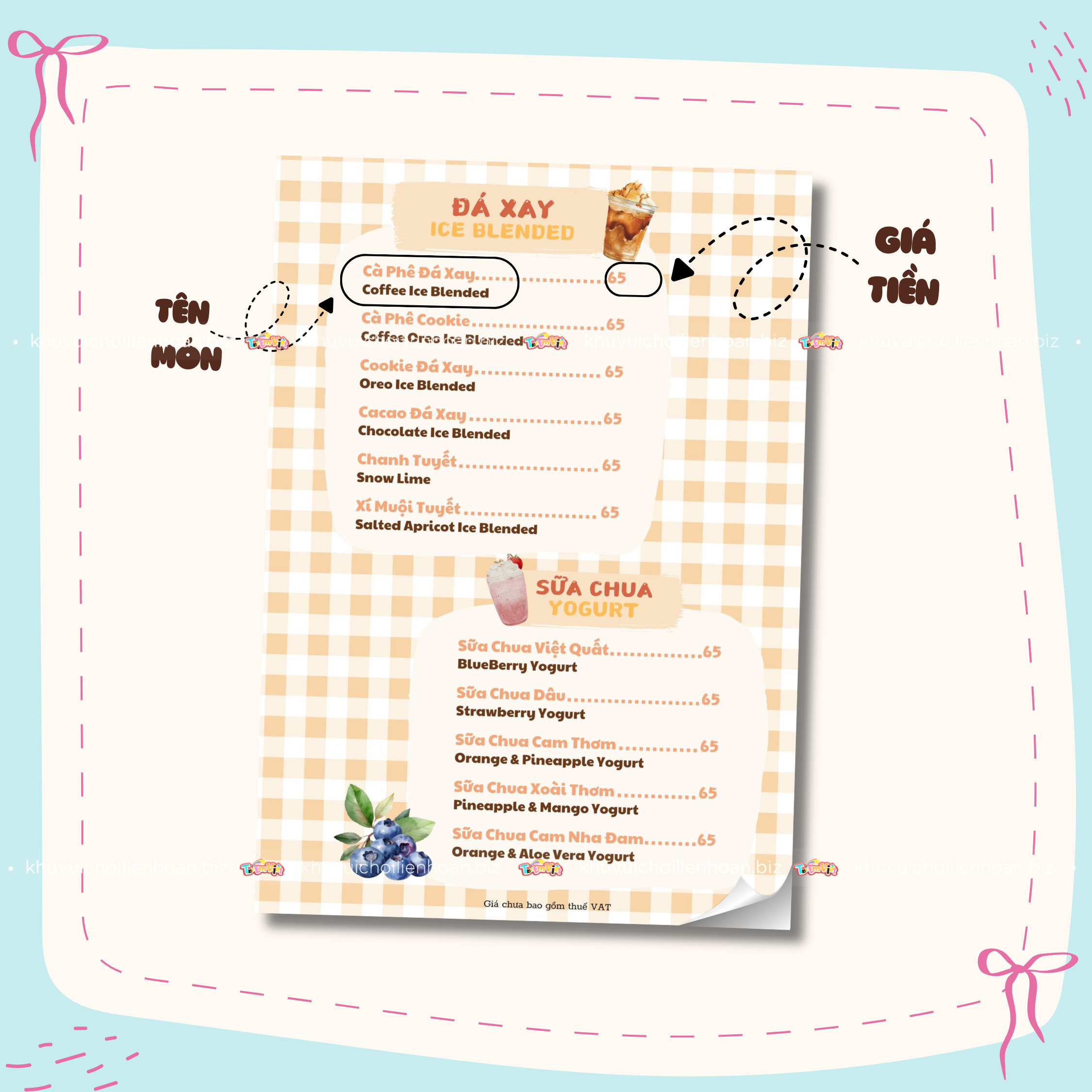 Thiết kế tên món và giá tiền trên menu kids cafe