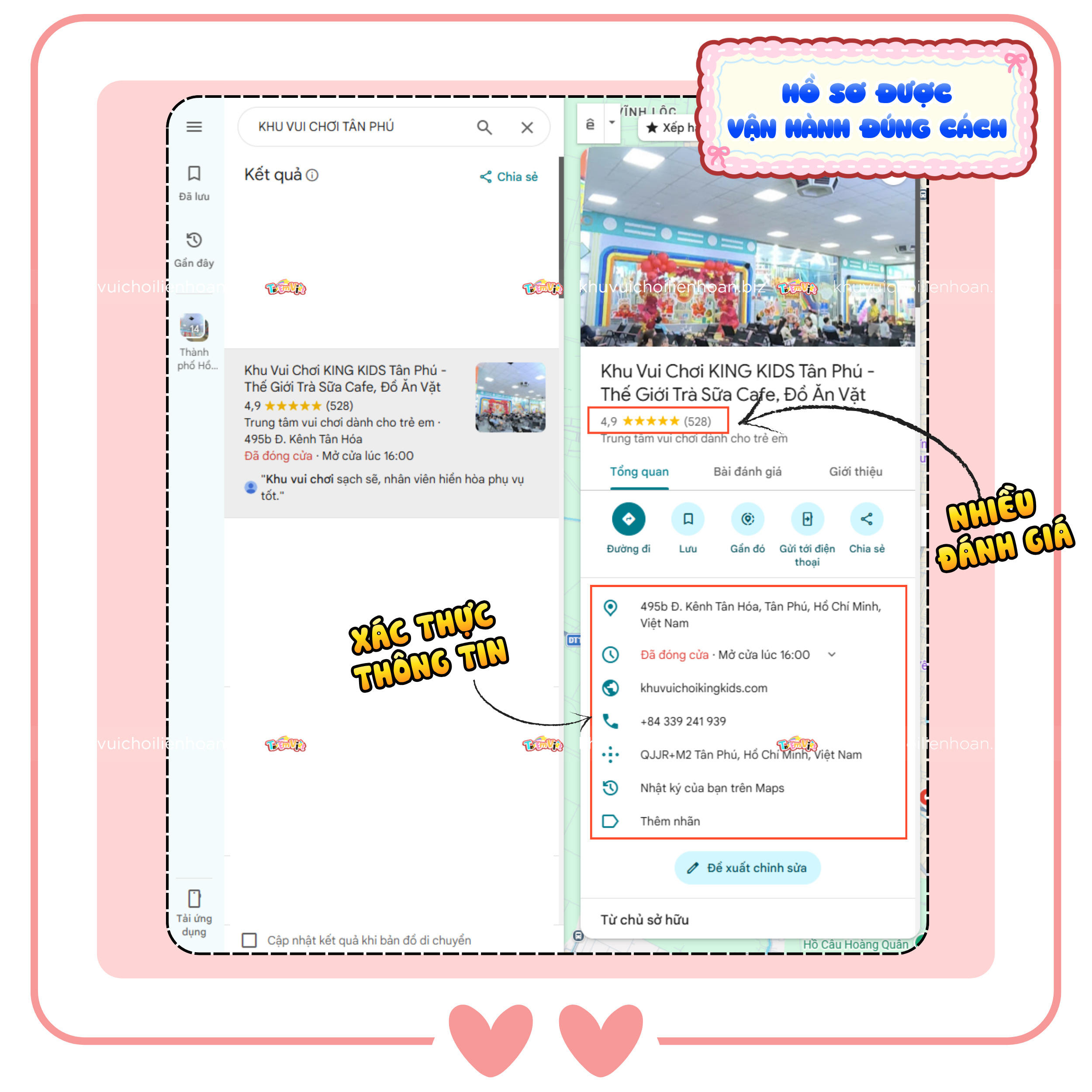 Hồ sơ Google Maps khu vui chơi được vận hành đúng cách