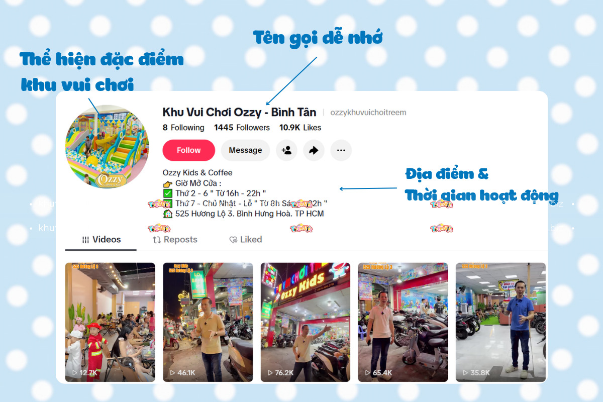 Các thông tin cần có trên kênh Tiktok của khu vui chơi